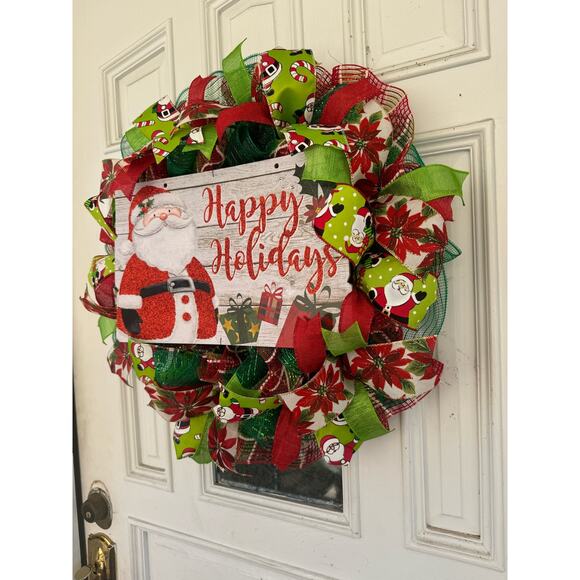 Handmade Santa Christmas Wreath Happy Holidays Sign Red Green White Ribbons xxx - Picture 7 of 7